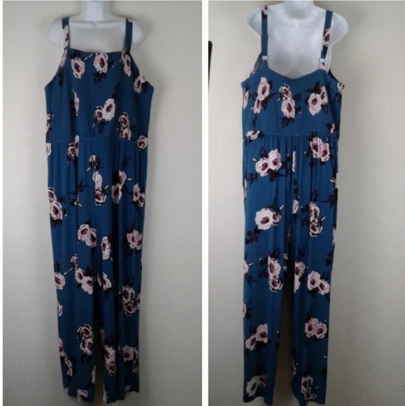 Lane Bryant Floral Wide Leg Smocked Jumpsuit Blue Pink NWT Size 22/24 - Picture 2 of 12